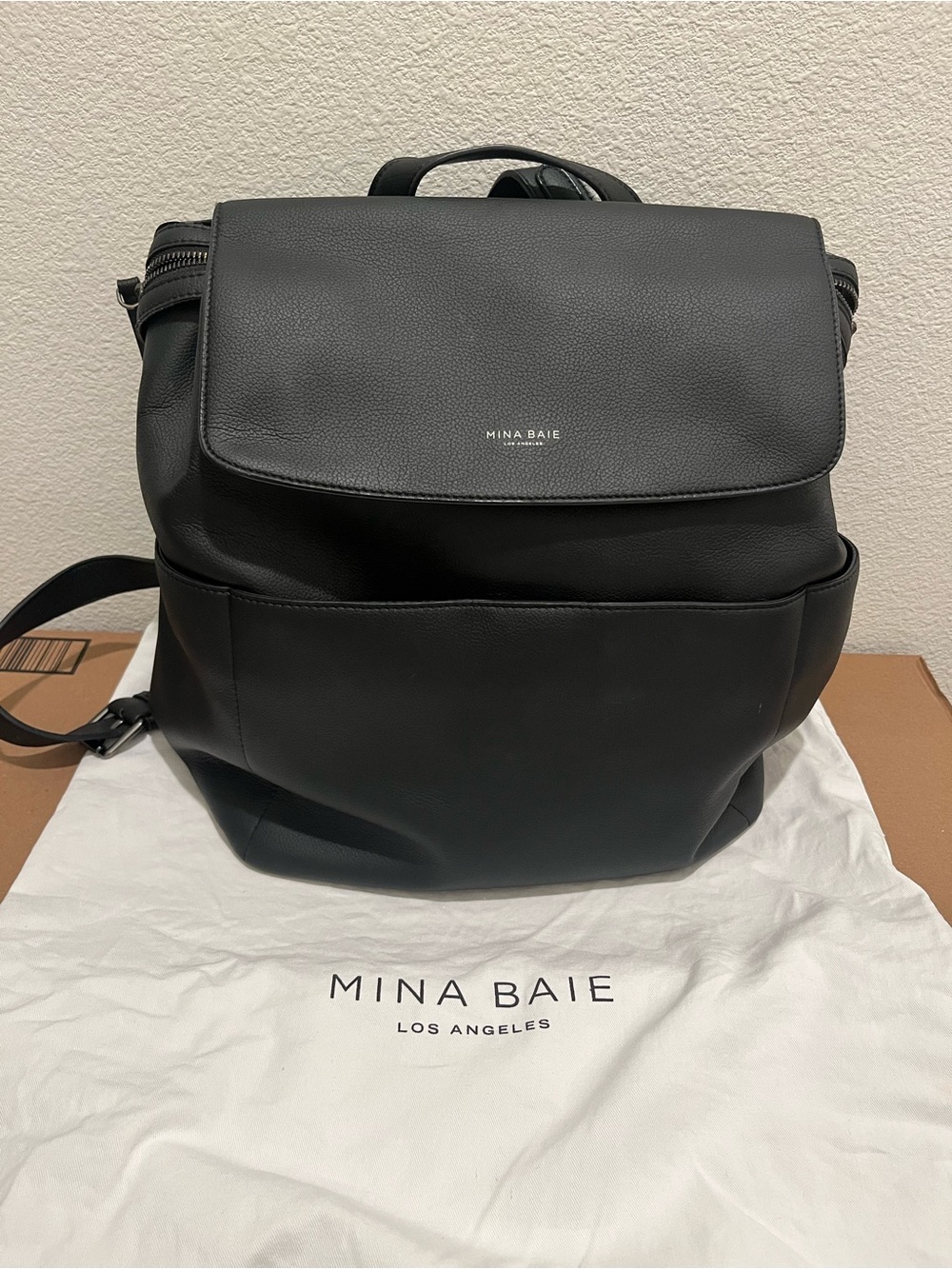 Mina Baie Black Leather Diaper Bag